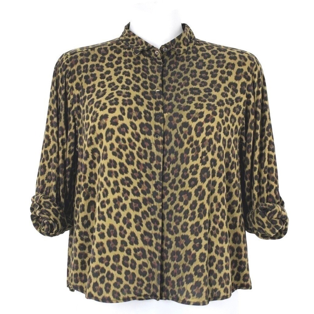 Alexander Jordan XL Olive Leopard Print Blouse Button Up Boho